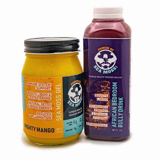Combo de bebida African Bedroom Bully de 16 oz y gel de musgo marino Mighty Mango